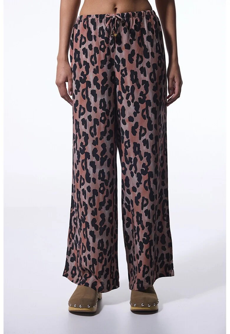 Pantaloni cu animal print, Negru stins/Maro nisip/Caramiziu