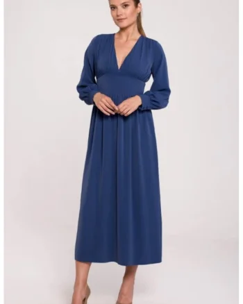 Rochie maxi cambrata in talie cu decolteu in V,, Albastru