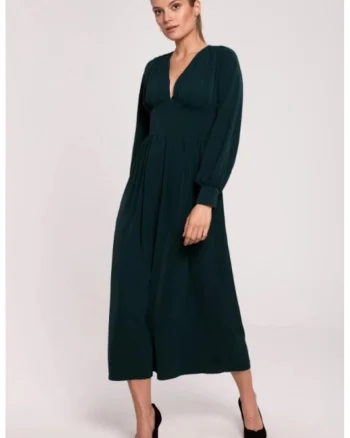 Rochie maxi cambrata in talie cu decolteu in V,, Verde
