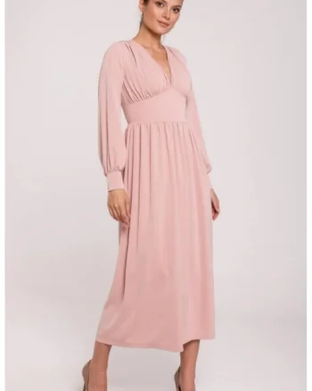 Rochie maxi cambrata in talie cu decolteu in V,, Roz pudrat