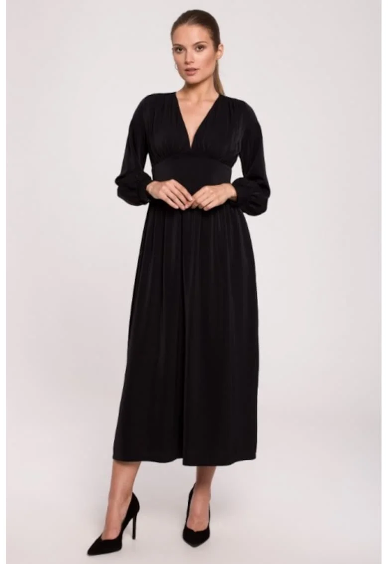 Rochie maxi cambrata in talie cu decolteu in V,, Negru