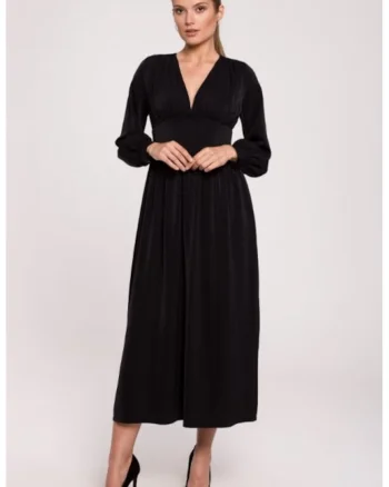 Rochie maxi cambrata in talie cu decolteu in V,, Negru