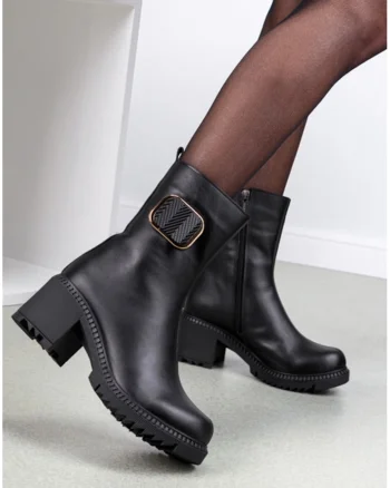 Botine negre din piele cu ornament, Negru