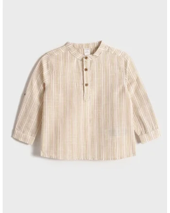 Bluza din amestec de in cu guler Mao, Bej deschis
