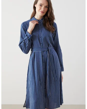 Rochie-camasa midi cu dungi, Albastru inchis