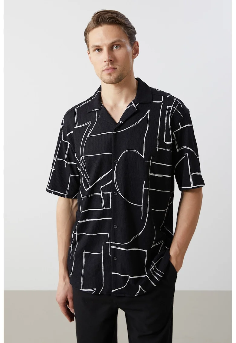 Camasa cu maneci scurte si model, Negru/Alb optic