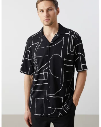 Camasa cu maneci scurte si model, Negru/Alb optic
