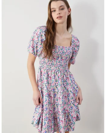 Rochie evazata cu model floral, Albastru inchis/Lila