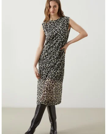 Rochie cu model, fara maneci, Bej deschis/Maro pamantiu