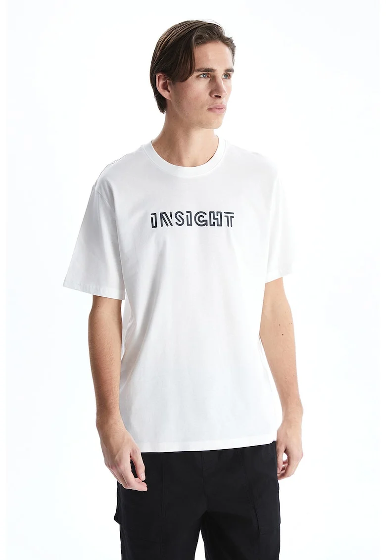 Tricou din bumbac cu imprimeu text, Alb optic