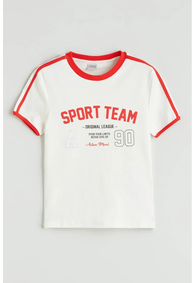 Tricou cu decolteu la baza gatului si detalii contrastante, Coral/Alb optic