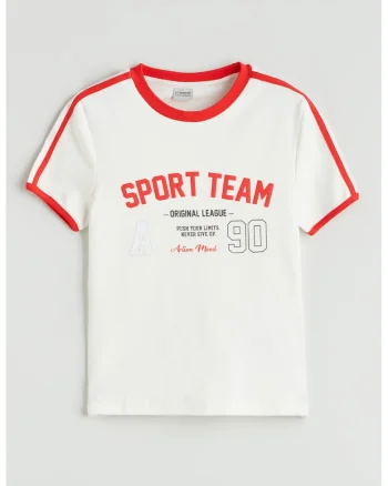 Tricou cu decolteu la baza gatului si detalii contrastante, Coral/Alb optic