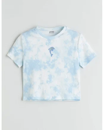 Tricou crop din amestec de bumbac cu model tie-dye, Albastru pastel/Alb optic