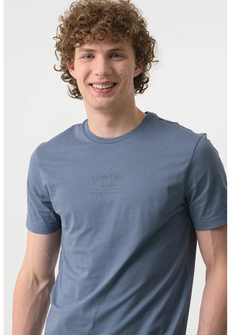 Tricou cu decolteu la baza gatului si imprimeu logo, Albastru inchis