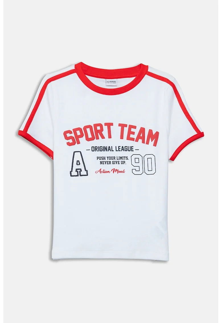Tricou cu decolteu la baza gatului si imprimeu text, Rosu/Negru stins/Alb optic