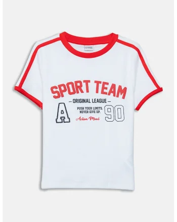 Tricou cu decolteu la baza gatului si imprimeu text, Rosu/Negru stins/Alb optic