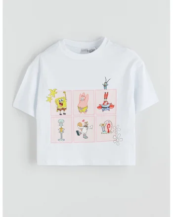 Tricou lejer cu imprimeu desene animate, Roz pastel/Alb optic