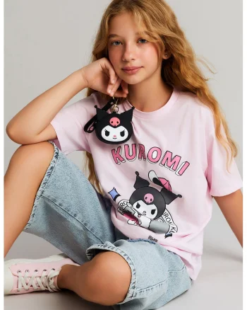 Tricou lejer cu imprimeu Kuromi, Gri deschis/Roz pastel