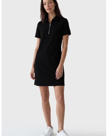 Rochie scurta cu guler polo si fenta cu fermoar, Negru