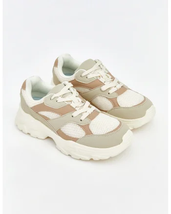 Pantofi sport masivi cu material exterior de plasa si piele ecologica, Alb murdar/Grej