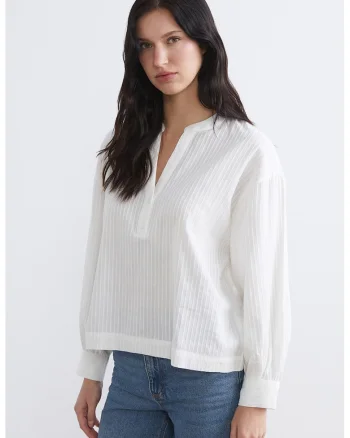 Bluza lejera de bumbac cu guler Mao, Alb murdar