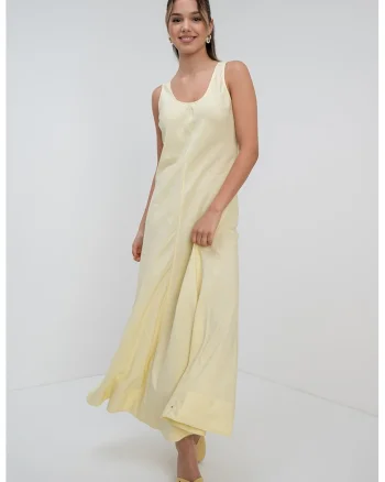 Rochie lunga din amestec de in cu decolteu rotund, Galben pai