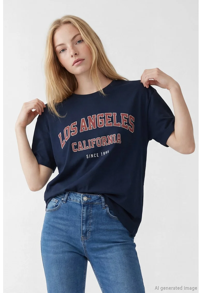 Tricou de bumbac cu model text, Visiniu/Bleumarin