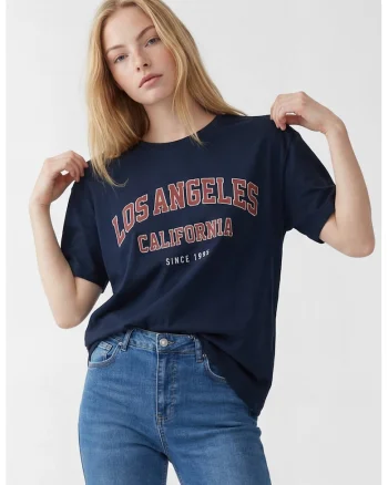 Tricou de bumbac cu model text, Visiniu/Bleumarin