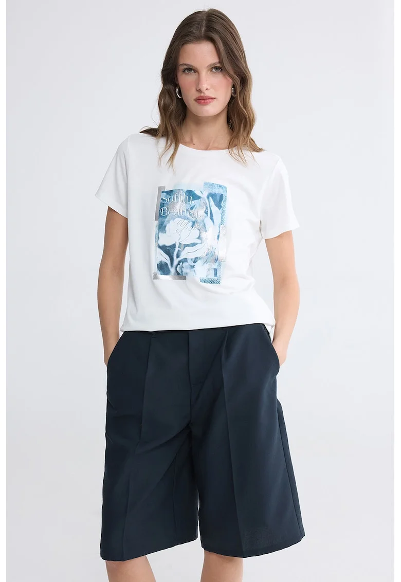 Tricou cu decolteu la baza gatului, Alb/Albastru prafuit/Argintiu
