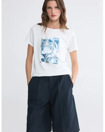 Tricou cu decolteu la baza gatului, Alb/Albastru prafuit/Argintiu