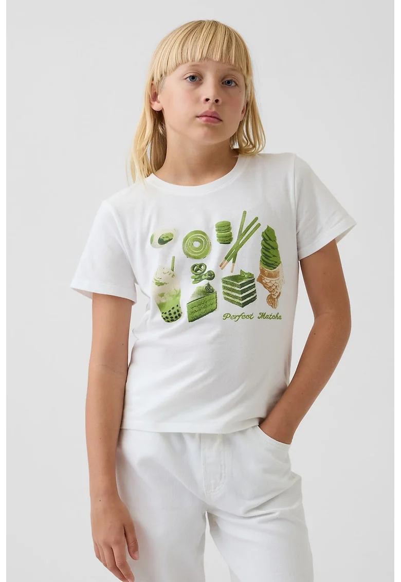 Tricou cu decolteu la baza gatului si imprimeu pe piept, Verde/Alb murdar