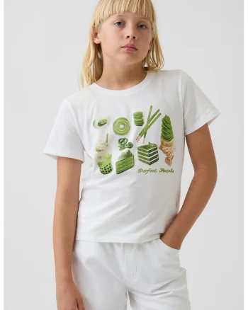 Tricou cu decolteu la baza gatului si imprimeu pe piept, Verde/Alb murdar