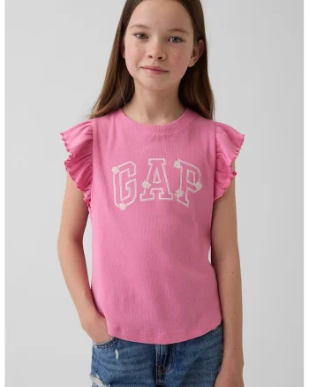 Tricou cu imprimeu logo si maneci cu volane, Roz