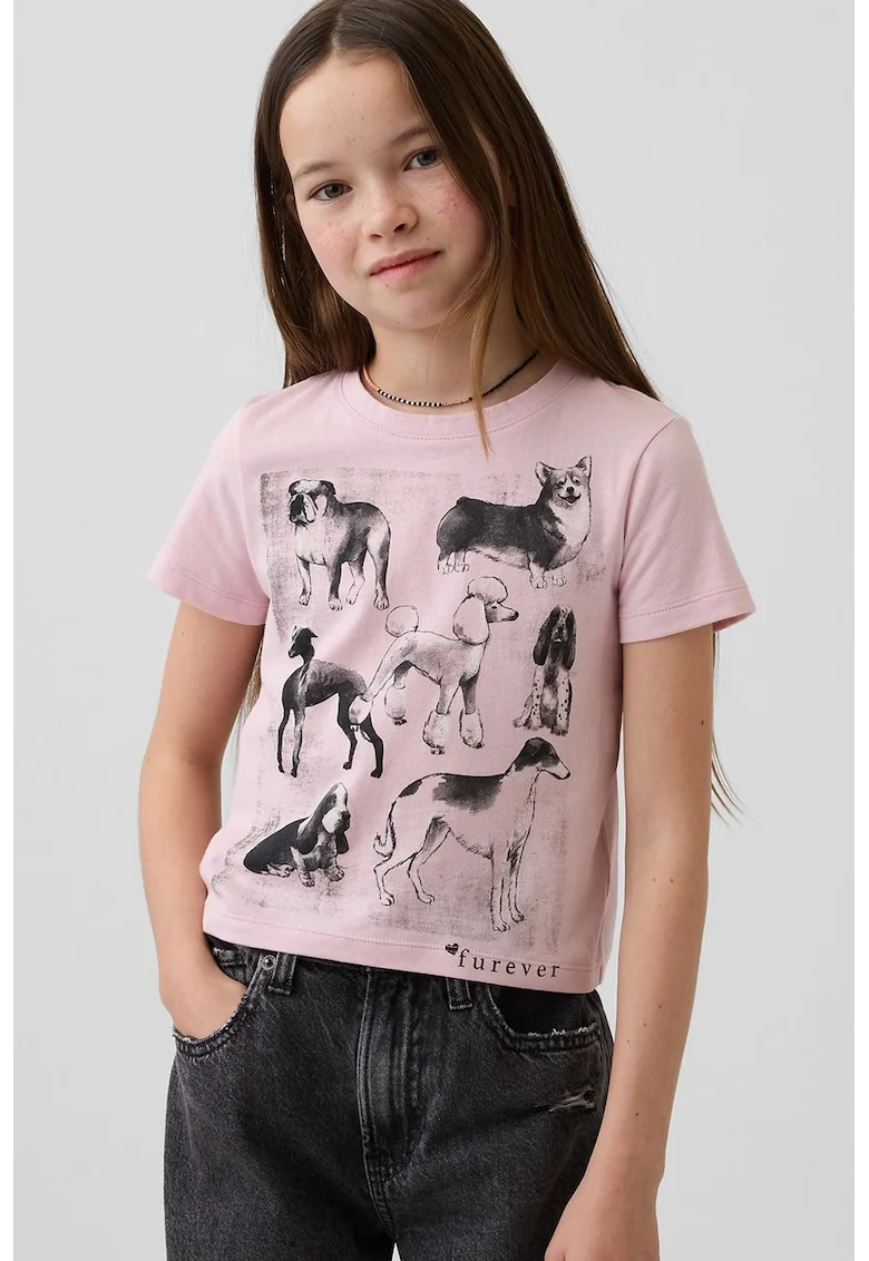Tricou din bumbac cu decolteu la baza gatului si imprimeu lamaie, Roz prafuit