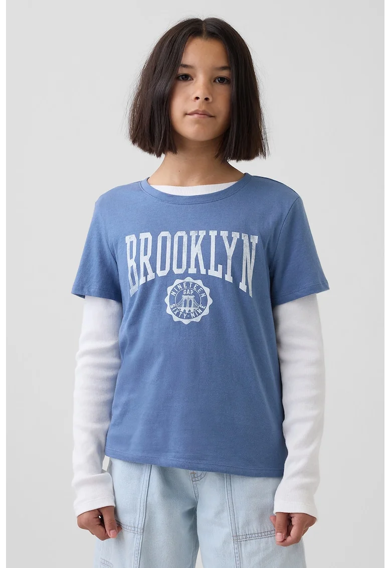 Tricou din bumbac cu decolteu la baza gatului si imprimeu lamaie, Albastru prafuit