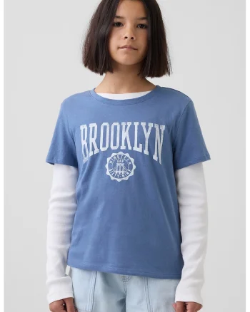 Tricou din bumbac cu decolteu la baza gatului si imprimeu lamaie, Albastru prafuit