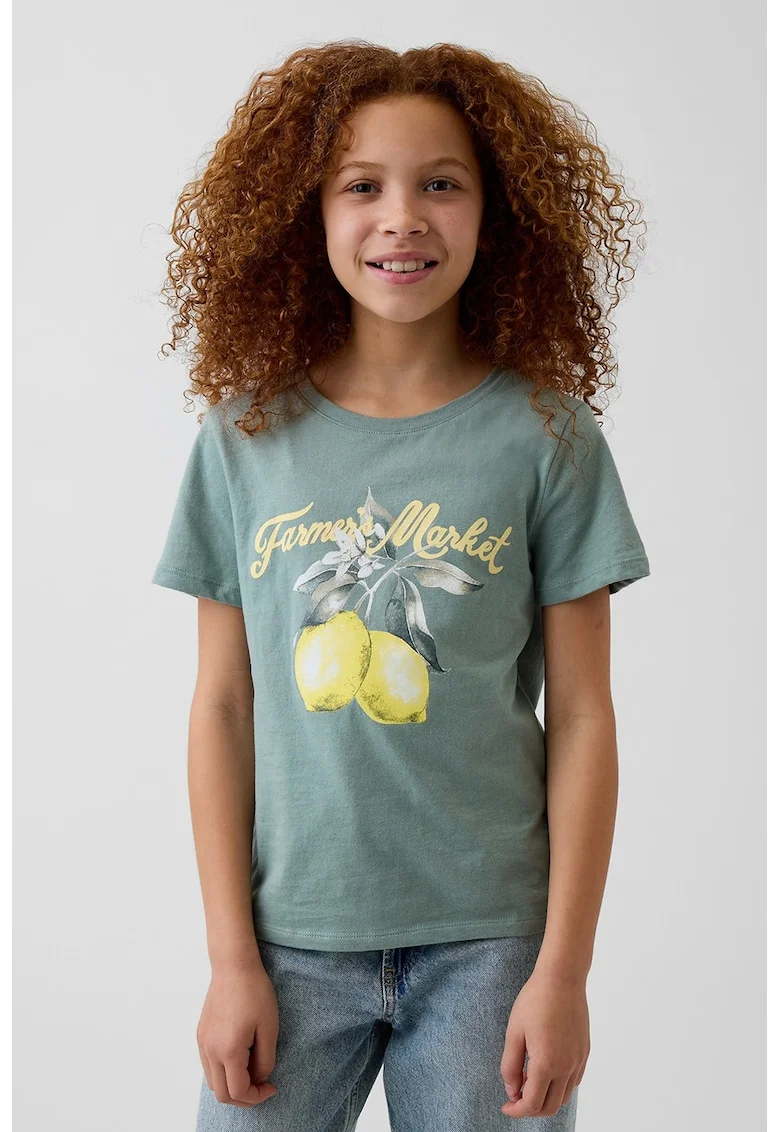 Tricou din bumbac cu decolteu la baza gatului si imprimeu lamaie, Galben/Verde sparanghel