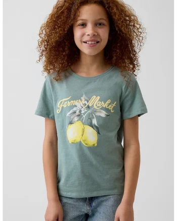 Tricou din bumbac cu decolteu la baza gatului si imprimeu lamaie, Galben/Verde sparanghel