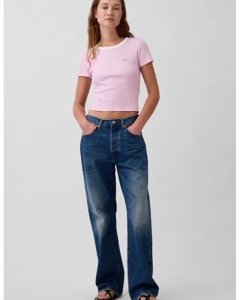 Tricou crop cu logo, Roz pastel