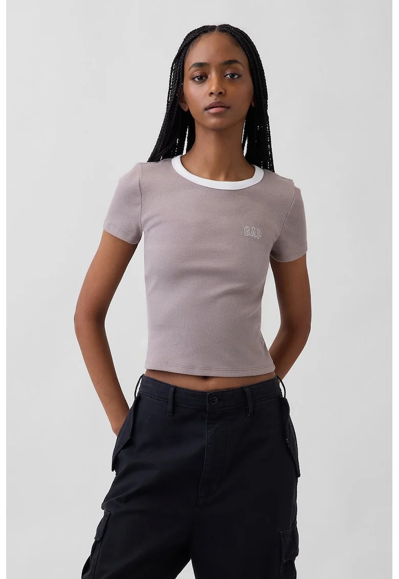Tricou crop cu logo, Bej