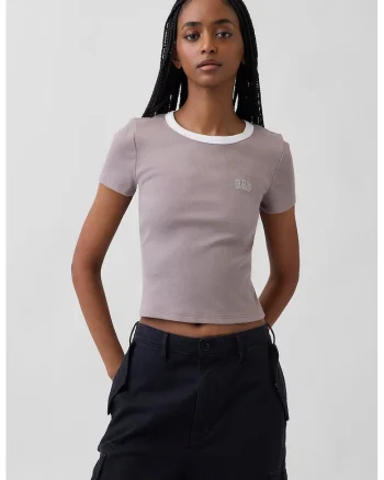 Tricou crop cu logo, Bej