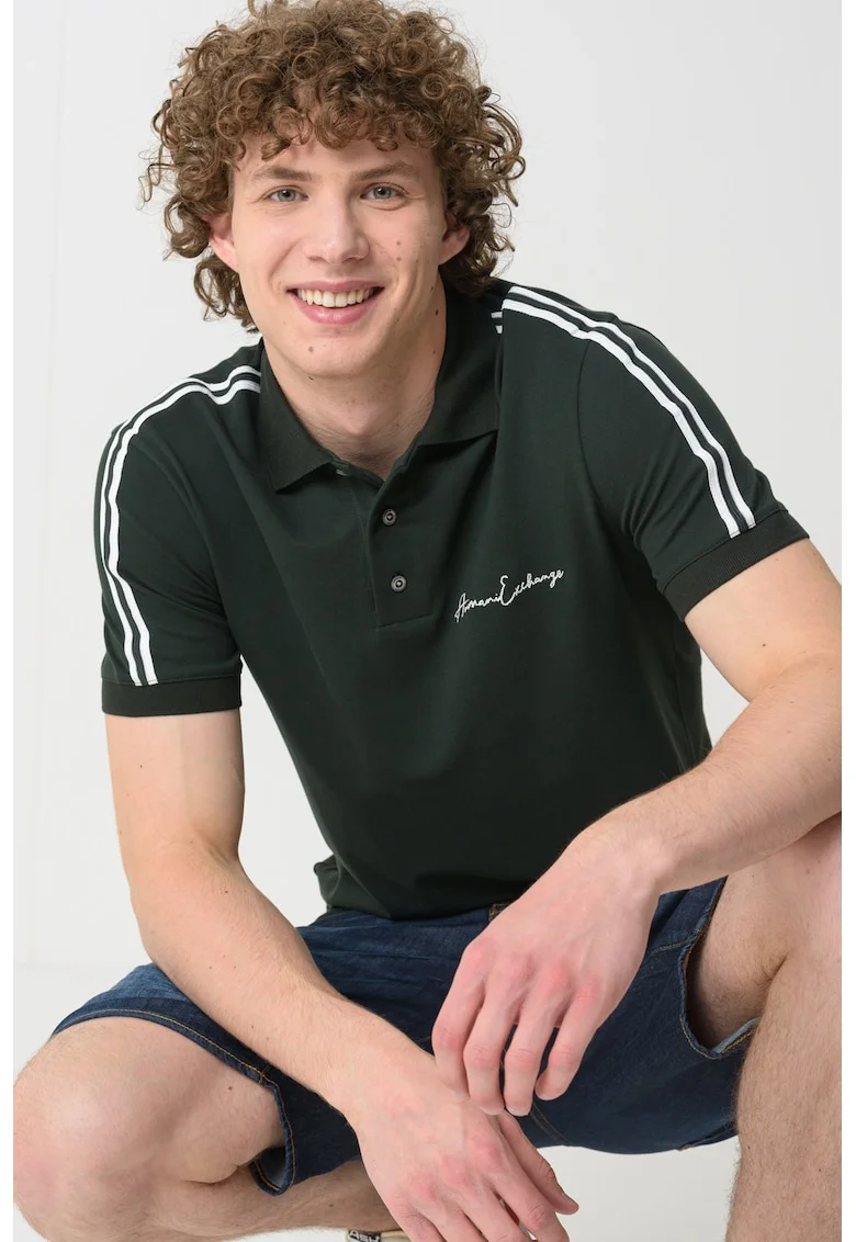 Tricou polo cu dungi contrastante, Alb/Verde inchis