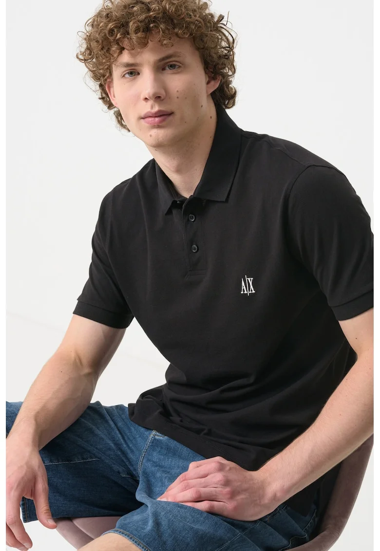 Tricou cu logo si guler polo, Negru