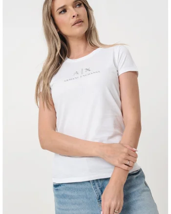 Tricou de bumbac cu decolteu rotund si logo, Alb/Argintiu