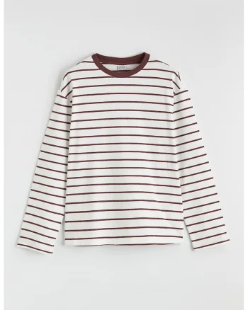 Bluza cu decolteu rotund si dungi, Alb/Visiniu