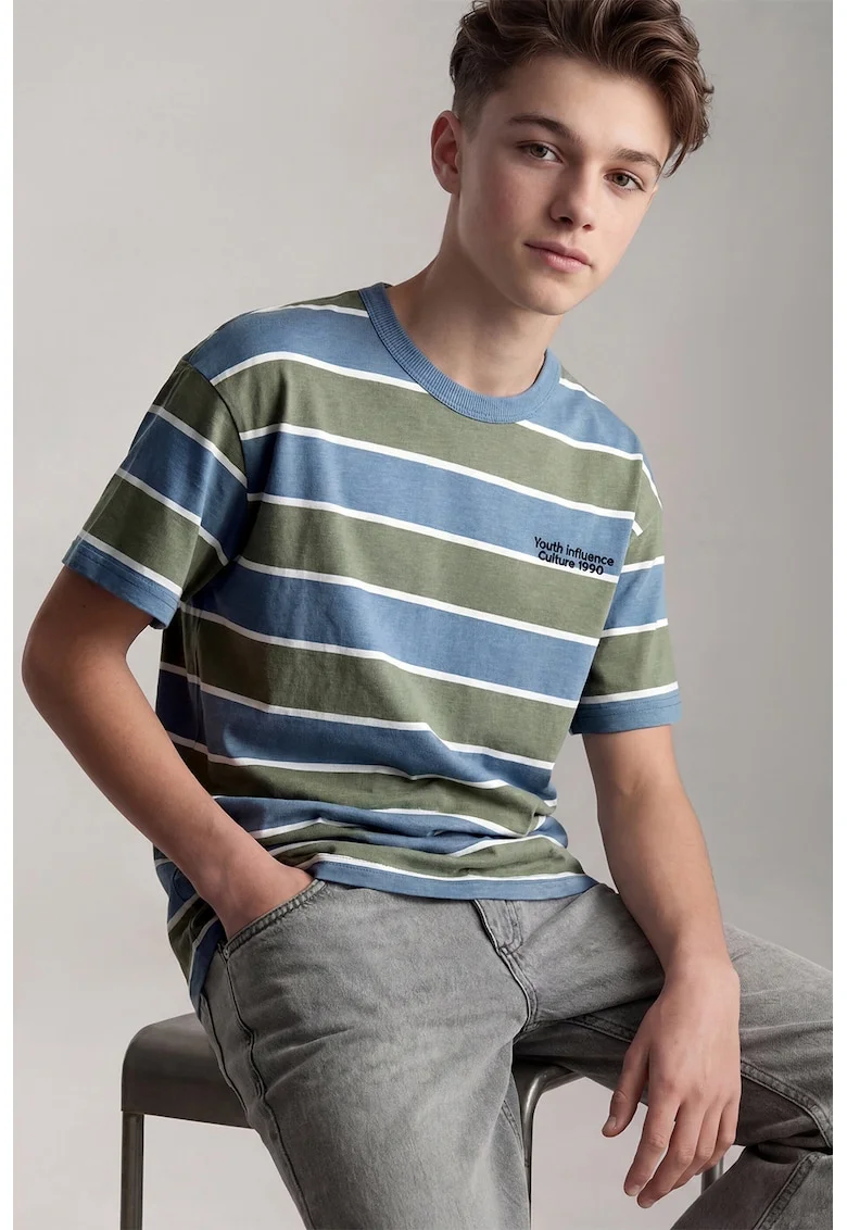 Tricou lejer din bumbac cu dungi, Sage Green/Albastru titan