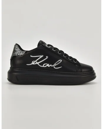 Pantofi sport din piele cu aplicatie logo metalica, Negru/Argintiu