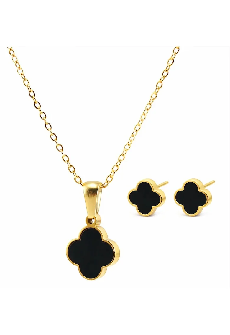 Set colier si cercei auriu, din otel inoxidabil, suflat cu aur 18k, cu trifoi, Velina C2