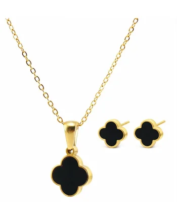 Set colier si cercei auriu, din otel inoxidabil, suflat cu aur 18k, cu trifoi, Velina C2