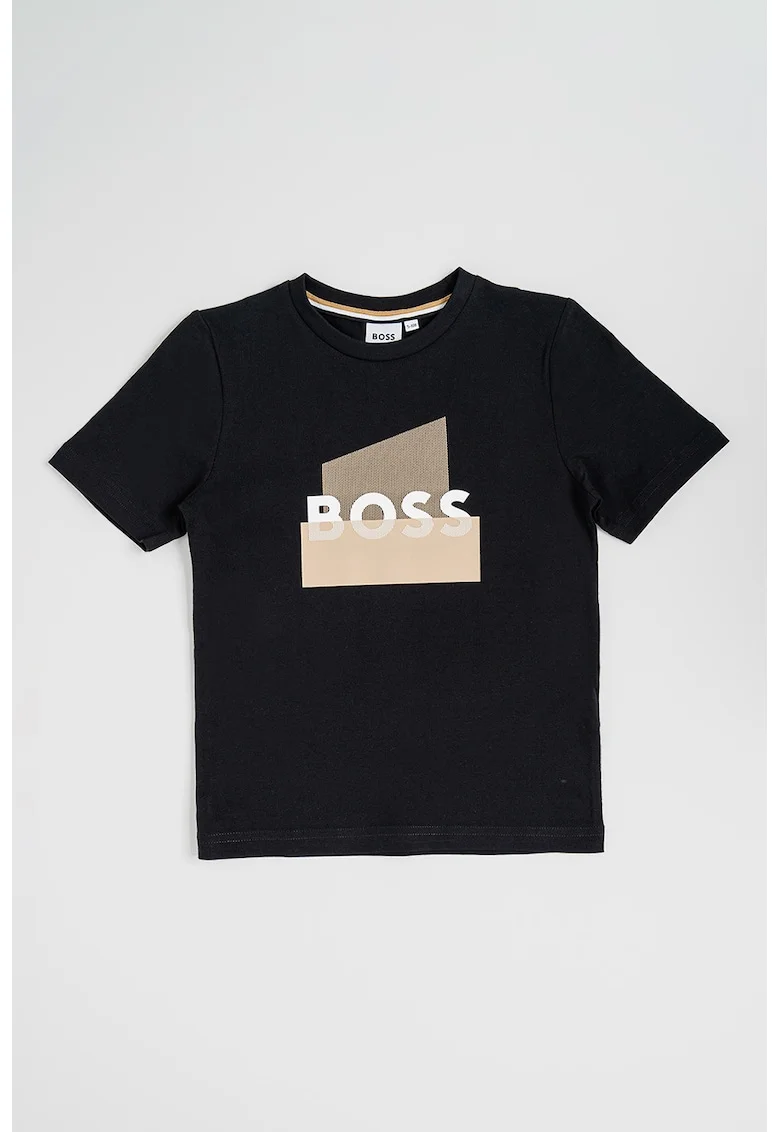 Tricou cu imprimeu logo, Negru/Maro deschis